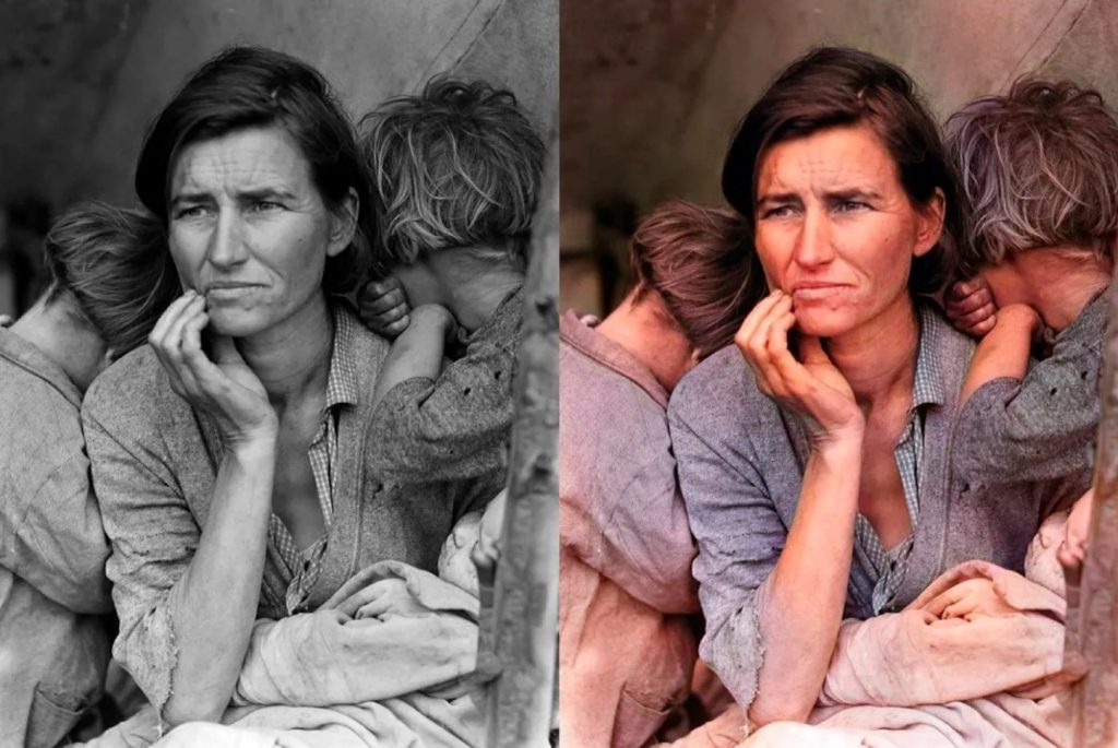¿Color o blanco y negro? Fotografía de Dorothea Lange de una madre, con expresión triste, con dos hijos que ocultan su rostro, en la gran depresión en Estados Unidos.